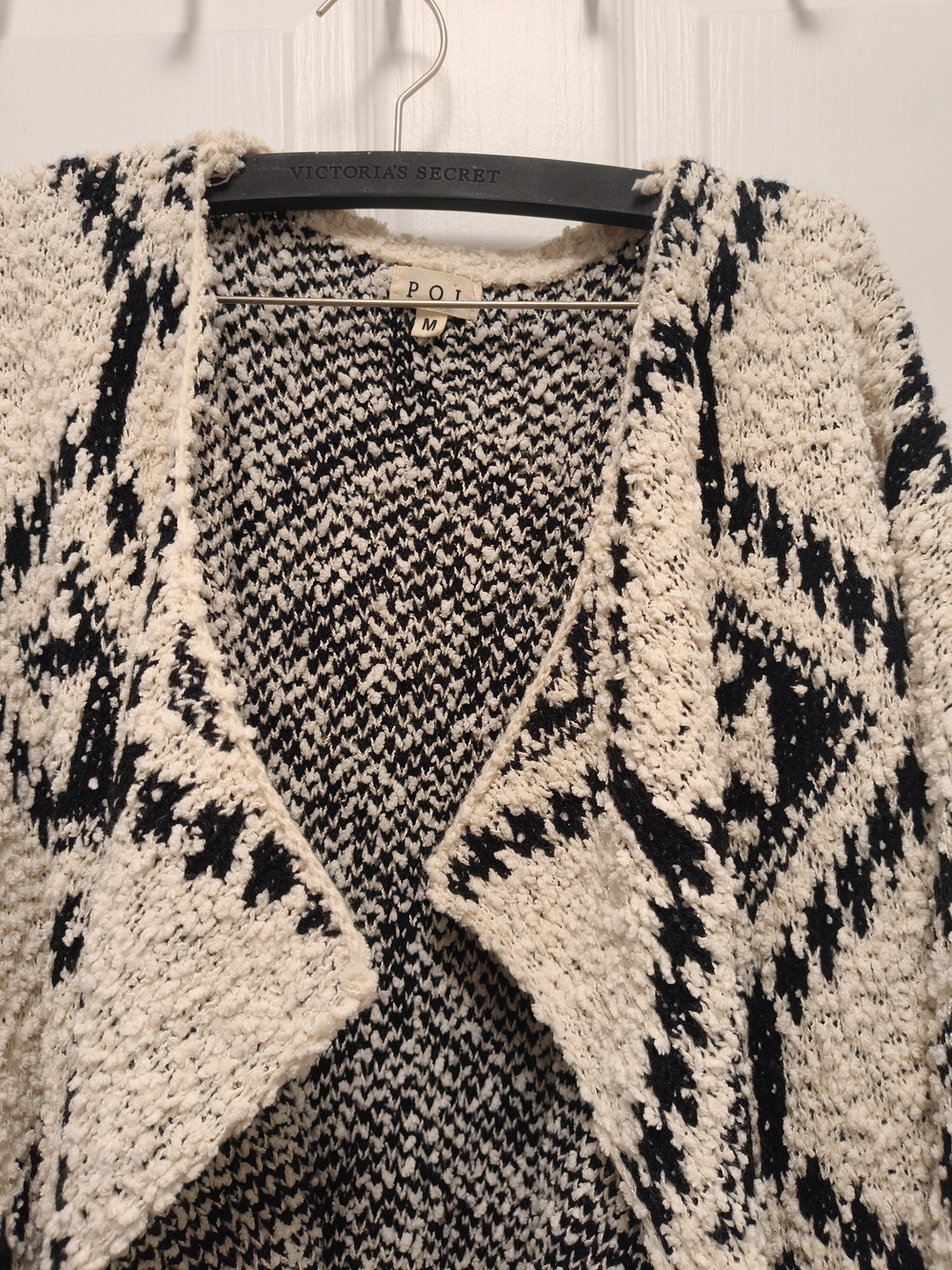 Pol Cozy Open-Front Black & Cream Geometric Sweater Cardigan Boho Cozy - Picture 3 of 9